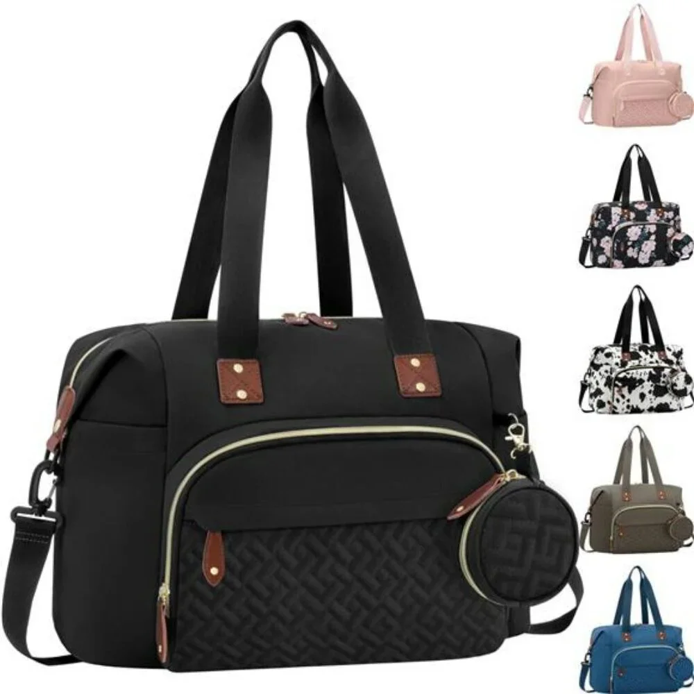 Black Diaper Bag Tote with Pacifier Case Insulated Pockets Travel Baby Hospital